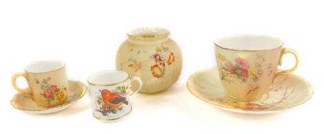 A Royal Worcester porcelain miniature mug c1883, painted with a bird and flowers, printed mark, together with a blush ware porcelain vase with leaf moulding and painted floral decoration, coffee cup and saucer painted with thistles, and a miniature cup an