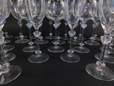 A part suite of late 20thC cut table glassware, with plain bowls and knopped stems, etched conjoined HR mark to foot, comprising eight champagne flutes, ten water glasses, nine red wine glasses, and three white wine glasses. (30) - 3