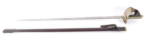 A George V 1897 pattern Infantry Officer’s sword by Flights Ltd, with an etched blade and steel guard, wire bound, fish skin covered grip, with leather scabbard, 107cm L, blade 84cm L.