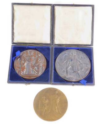 Three International Exposition medals, comprising Columbia 1893, awarded to R & J Garton, of Garton’s Ltd, Plant Breeders & Seed Merchants, Bruxelles 1897, sculpted by Jaul. Lage, both cased, and a Bruxelles 1910 medal, uncased. (3)