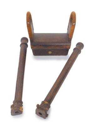 An Educational Supply Ass. Limited pine gymnastic vault, bears label, 49cm H, 47cm W, 23cmD, together with a pair of Victorian ebonised pine newel or bed posts, of fluted column form, 107cm H, 9.5cm W, 83cm D. (3)