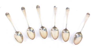 A set of six George III silver teaspoons, the bowls embossed with sailing vessels, initial engraved, maker .B.B., London circa 1762-1765, 1.91oz.