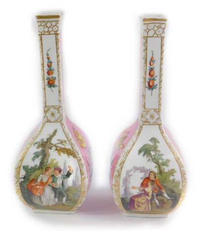 A pair of Helena Wolfsohn late 19thC porcelain vases, of long necked square form, painted with reserves of 18thC courting couples and flowers against a pink ground, blue AR mark, 31cm H.