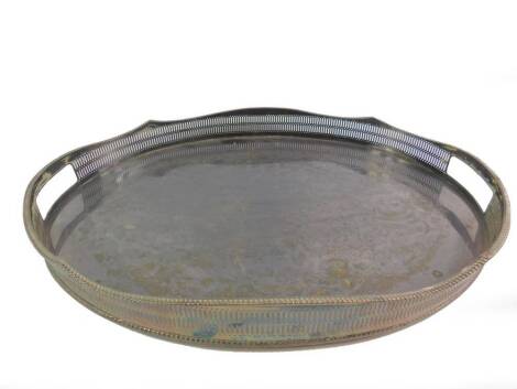 A PSE oval galleried Kentshire tray, with engraved foliate and rococo scroll decoration, 52cm W, 39cm D.