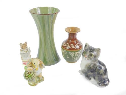 Two Beswick Beatrix Potter figures modelled as The Taylor Of Gloucester and Mr Alderman Ptolemy, brown marks, together with a Babbacombe pottery vase of waisted form, decorated with green streaking, 19cm H, further vase, and a Winstanley kitten. (5)