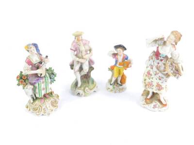 A Samson Derby porcelain figure of a seated lady playing a lute, aside a lamb, with floral bocage, raised on a rococo scroll base, 14cm H, together with a late 19thC German porcelain figure of a grape seller, 16cm H, and two further porcelain figures. (4