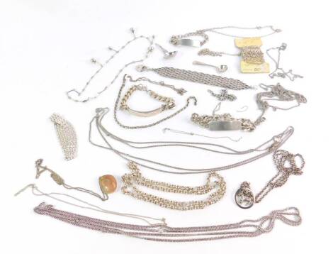 Silver jewellery, including gate and identity bracelets, belcher and curb link belt chains, and two silver spoons, 15.90oz all in.