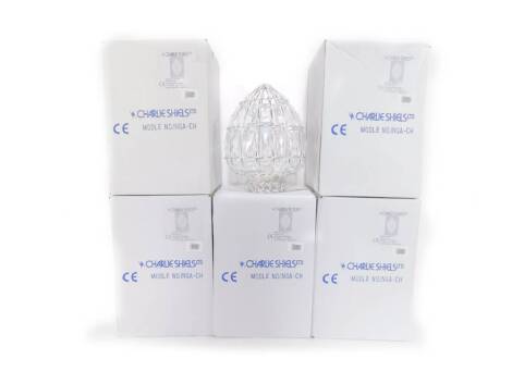 *A set of five Charlie Shiels chrome and cut glass ceiling lights, 35cm H, 23cm Dia. (all boxed)