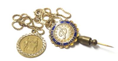 A 9ct gold St Christopher pendant, neck chain, and a 25 Years Service badge for Omes Limited, 11.6g all in.