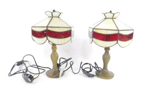 *A pair of Tiffany style table lamps, decorated in the Pink Rose pattern, raised on a faux metal base, 31cm H.