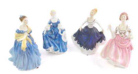 Four Royal Doulton porcelain figures, modelled as Ballad Seller, HN2266; Adrienne; Hilary, HN2335, and Lisa, HN2310.