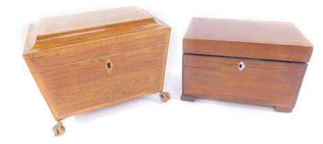 A Regency rosewood and satinwood cross banded sarcophagus tea caddy, twin division, raised on four brass claw and ball feet, 15.5cm H, 20cm W, 12cm D, and a mahogany tea caddy 12cm H, 18cm W, 11cm D. (2)