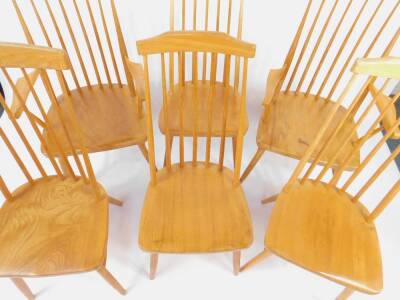 A set of six oak and elm stick back kitchen chairs, local craftsman made, comprising a pair of carvers and four single chairs. - 2