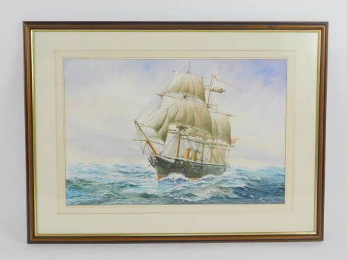 John Edwin Wigston (20thC/21stC). HMS Warrior at Sea, fully rigged, watercolour, signed, dated 1992, 35cm x 53cm.