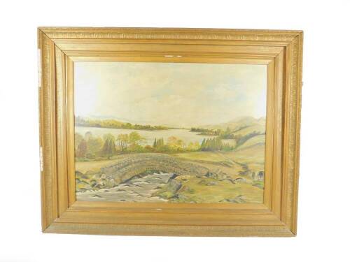 A Brown (British, 20thC). River landscape with mountains beyond, oil on board, signed, 62cm x 84.5cm.