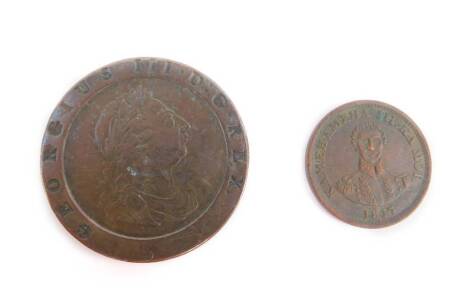 A US Hawaii one cent coin 1847, King Kamehamerha III, together with a George III Britannia bun penny 1797.