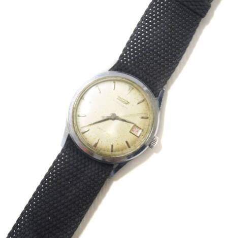 A Tissot Visodate Camping gentleman’s wristwatch, circular silvered dial, with gilt batons, date aperture, stainless steel case.