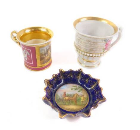 An early 19thC French porcelain coffee can, reserve painted with a landscape against a claret ground, together with a Vienna style fluted dish, painted with figures and horses, and a a Dutch porcelain cup, decorated in gilt with a verse, and painted with 