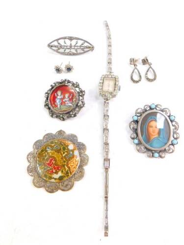 Silver and costume jewellery including a marcasite set brooch and