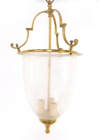 A brass and cut glass hall lantern, of bucket form, 66cm H.