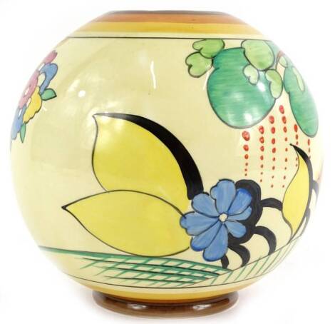 A Clarice Cliff Moonlight pattern globular vase, shape number 370 from the Bizarre range, decorated with trees in orange, two shades of green, yellow leaves, blue flowers etc., printed marks in black to underside and raised number, 14cm H. (AF)