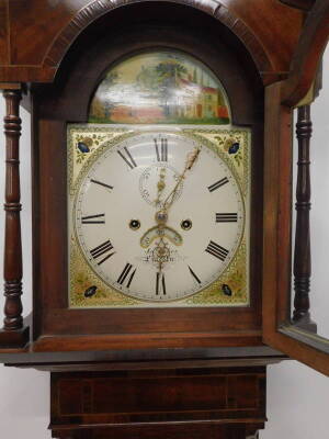 A mid 19thC longcase clock by James Usher of Lincoln, the arched dial painted with a coastal town scene with boats, buildings, figures etc., above floral spandrels, with an eight day four pillar movement in an oak, mahogany and rosewood crossbanded case, - 2