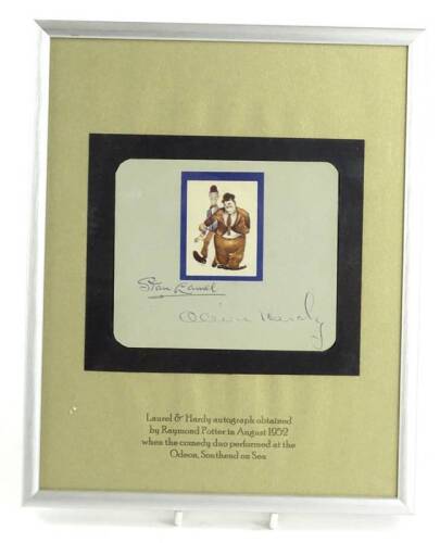 A promotional poster or note signed by Laurel and Hardy, the autographs were obtained by a Raymond Potter in August 1952 when the comedy duo performed at the Odeon Southend on Sea, 10cm x 11.5cm.