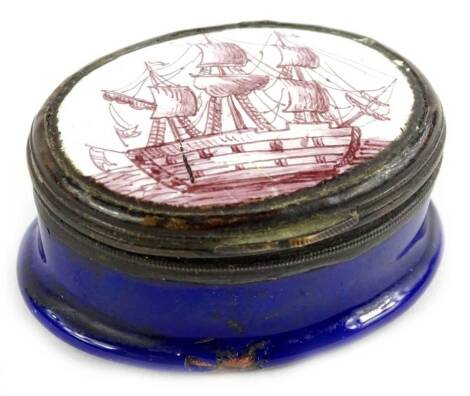 An 18thC Staffordshire enamel oval pill box and cover, the lid decorated with a three masted sailing ship or galleon, the interior of the lid with monogram type decoration, 3.5cm W.