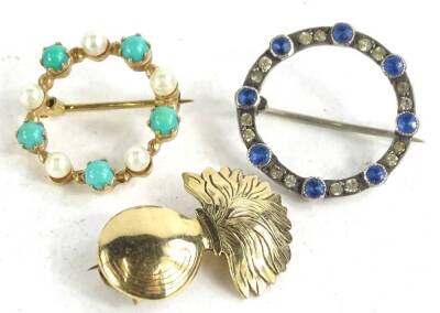 Three brooches, to include a 9ct gold circular seed pearl and turquoise set brooch, 3cm W, 3.1g, a vase in flowers brooch, yellow metal marked 9ct, 4cm H, 3.5g, and a white metal paste stone set circular brooch, stamped 900, 3.2g, 4cm W. (3)