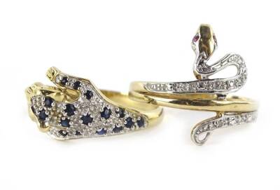 Two 9ct gold dress rings, each stone set, one in the form of a leopard, the other in the form of a snake, 6.4g all in.