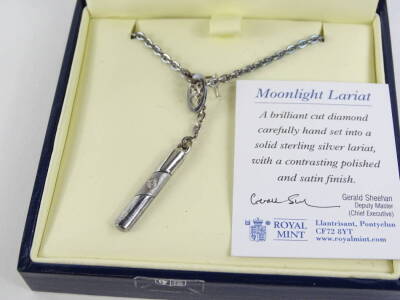 A Royal Mint collection silver necklace, entitled Moonlight Lariat, the silver lariat set with brilliant cut diamond, on fancy link chain, in original box. - 2