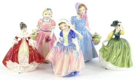 Five Royal Doulton porcelain ladies, Tinkerbell, Dinky Do, Wendy, Southern Belle and Buttercup.