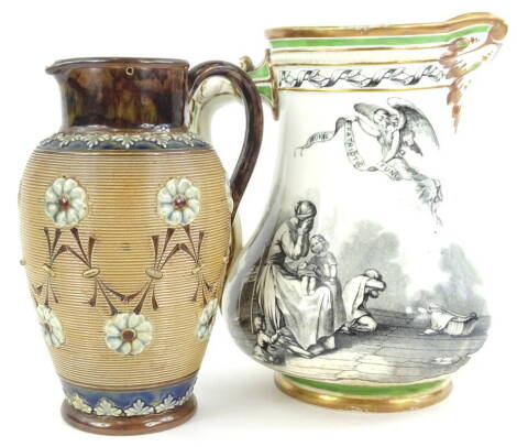 Two 19thC jugs, a Doulton Lambeth jug with in size decoration of roundels, leaves etc., impressed mark to underside and a Samuel Alcock Royal Patriotic jug, depicting Crimean war scenes, both (AF)