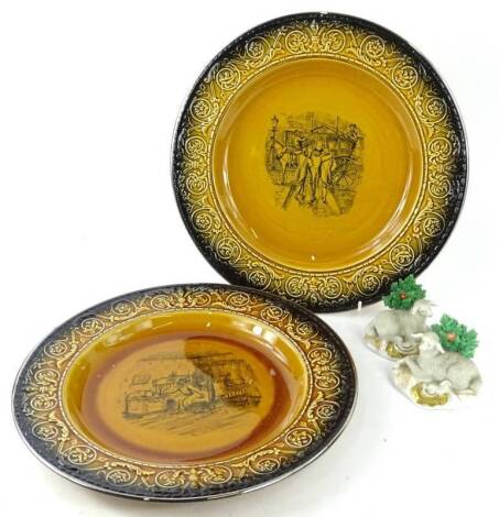 A pair of Crown Devon brown glazed Dickens style large wall plaques, 34cm W, and a pair of porcelain Staffordshire style groups.