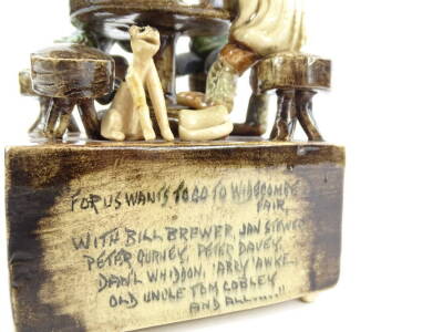 A Will Young Runnaford pottery musical figure group, depicting people playing cards with a dog etc., the musical movement playing the tune At Widdicombe Fair, 11cm W. - 3