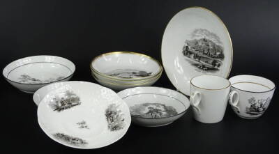 A collection of 19thC English Bat printed cups and saucers, each decorated with rural scenes, landscapes etc.