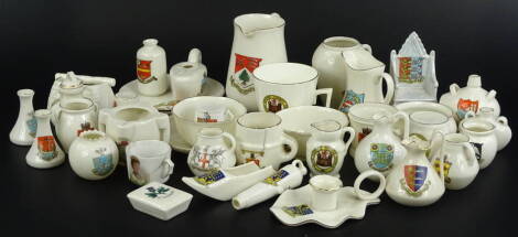 A quantity of Goss and other crested wares, to include a fishing basket, large jug etc.