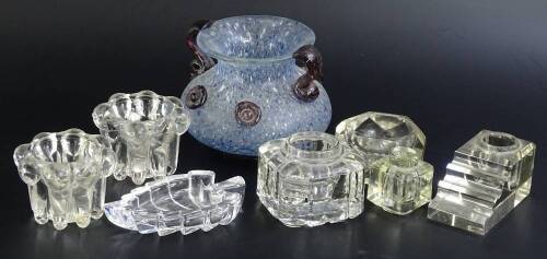 A collection of glass, to include an art glass mottled vase with two handles, ink wells etc.