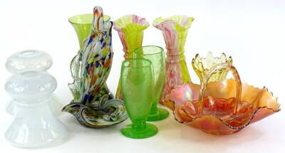 A collection of glass, to include a marigold coloured carnival glass bowl, similar basket, pair of green glass mottled vases, two opaque shades etc.