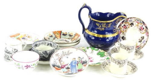 Various items of English porcelain, to include a blue glazed jug, a Worcester mug printed with a scene of Worcester town, Spode cups and saucers, Newhall type saucer etc.