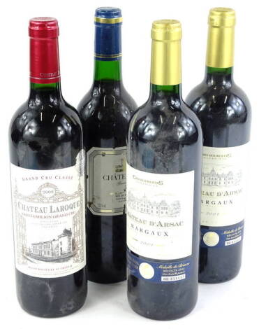 Four bottles of French white wine, to include Chateau Laroque St Emilion Grand Cru 2008, Chateau Lagrave 2001, Chateau D'arsac Margot 2004. (4)