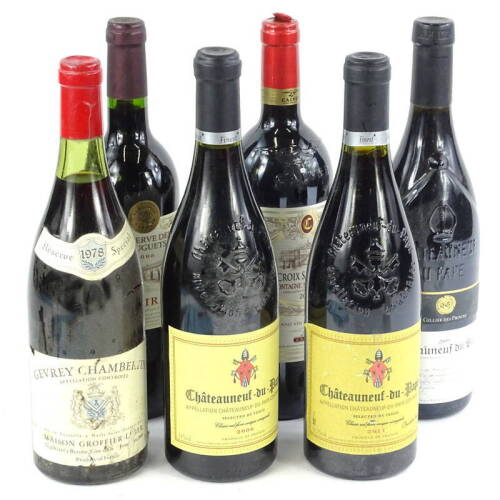 Six bottles of French red wine, to include Madiran 2006, Gevrey Chambertin 1978 special reserve, Chateauneuf du Pape 2006 and 2011 etc.