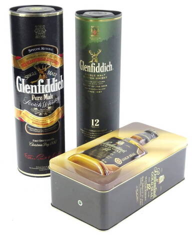 Two bottles of Glenfiddich Scotch whisky, Glenfiddich. (one 12 years old)Auctioneer Announce - bottle of Ballantine's Gold seal no longer in lot, only 2 bottles in lot now