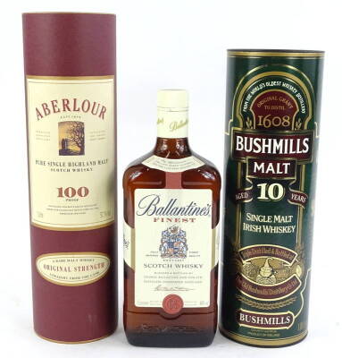 Three bottles of whisky, Bushmills malt 10 years, Aberlour and Ballantine's.