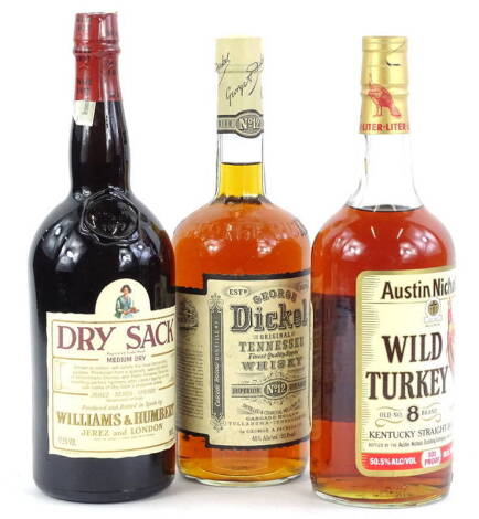 Three bottles of spirits, to include medium Dry Sack, Dickel superior no.12 brand Tennessee whisky and Wild Turkey old no.8.