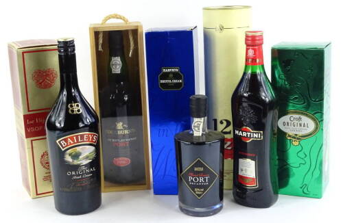 A collection of spirits to include cognac, sherry, Cockburn's 1996 vintage port, Ouzo 12, etc.