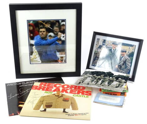 A quantity of film and other memorabilia, to include a Dads Army photograph with five facsimile signatures, similar Last Of The Summer Wine, Home Cinema films for boxing, science fiction and Disney, a record breakers record signed by Roy Castle, a signed 