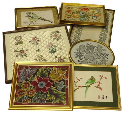 Various 20thC and later woolwork and cotton embroidered pictures, a padded embroidery etc.