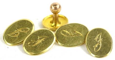 A pair of 18ct gold cuff links, bearing initials J, and a 9ct gold collar stud, 12.3g.