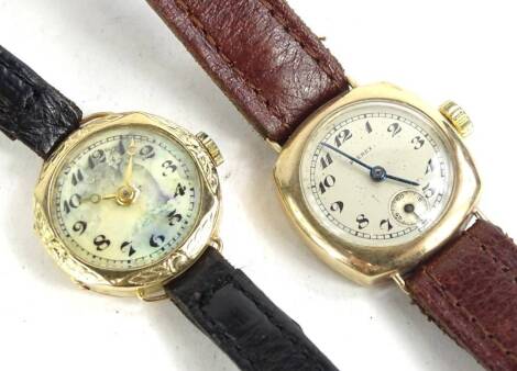 Two wristwatches, to include a ladies Peerex wristwatch, with square watch head and circular silvered dial with seconds dial and blue hands, yellow metal, unmarked, on a brown leather strap, together with another mother of pearl type dial, in yellow metal